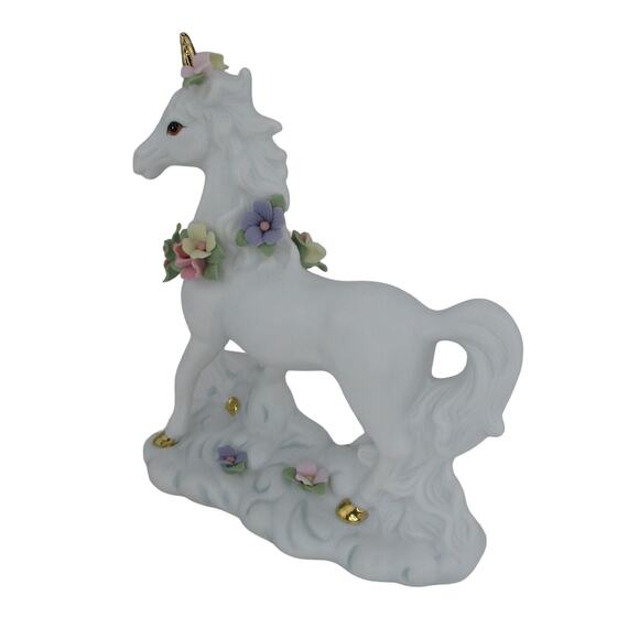 Porcelain Unicorn with Gold Horn and Flowers 6" High Standing 1997 - Picture 3 of 9